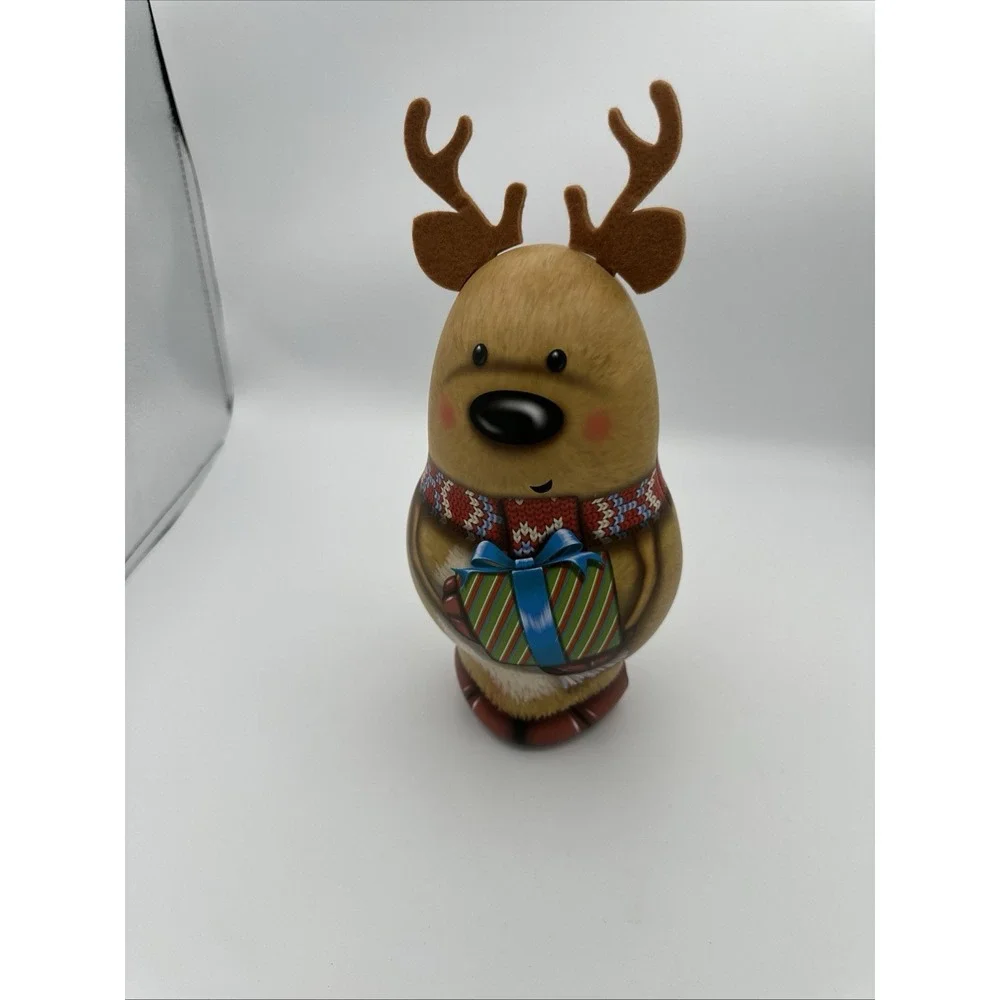 3-D Reindeer Moose Winter Christmas Treats Tin Container W/ Felt Horns 11 Inches